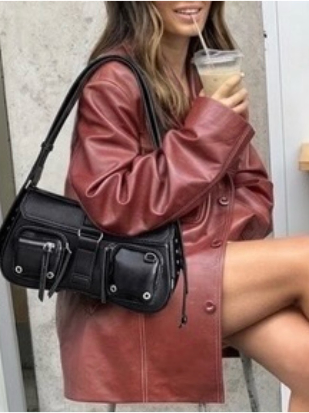Black Multi-Pocket Shoulder Bag with Zip and Stud Details